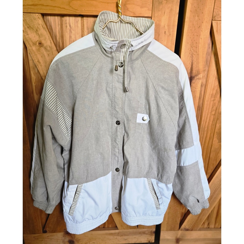 Vintage Izzi Women Tan White Colorblock Striped Small Windbreaker Jacket